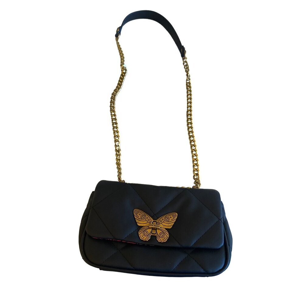 Steve Madden Quilted Black Crossbody Bag With Floral Interior & Gold Chain Strap